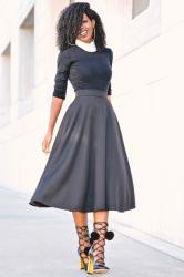 Long Sleeve Tee + Button Down + Quilted Swing Midi Skirt