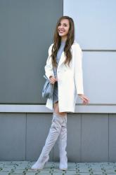 STYLEWE WHITE COAT | GAMISS GREY DRESS AND BAG