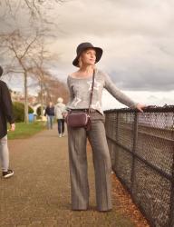 Theorem:  how to wear wide-leg trousers, a star-patterned sweater, and a floppy hat