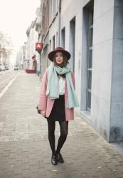 Outfit: insect loafers and pink coat