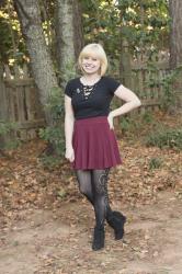 Outfit: Lace Up Top, Skater Skirt, Patterned Tights, and Novelty Pins