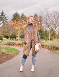 Details, details - styling a faux-vest with patchwork skinnies and ivory booties