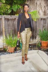 SheIn Cape Blazer + Old Navy Tall Brocade Pants