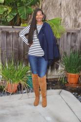 Tall Navy Wool Peacoat + Cognac Suede Over The Knee Boots