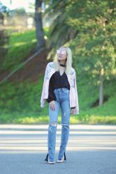 Floral Embroidered Patch Bomber Jacket