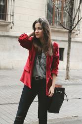 Red velvet blazer