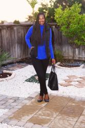 Tall Black Quilted Vest + Pop of Blue