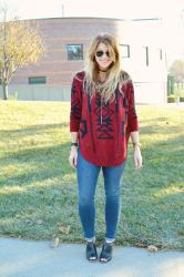 Red and Black Sweater with Mules.