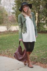 White Tunic and Olive Moto Jacket 