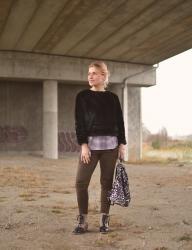 Snow job:  Styling vegan suede leggings with a striped tee, faux-fur top, and wedge-heeled lace-up booties