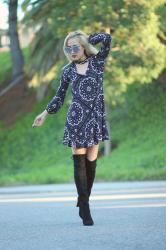 Printed Dress and Over the Knee Boots for the Holidays 