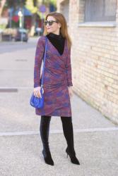 How to wear a wrap dress in winter: velvet boots