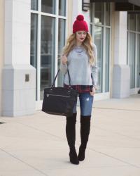 Side Slit Crewneck Red Plaid Sweater