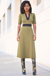 Olive and Black Contrast Midi Dress