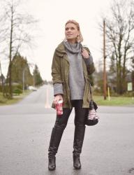 Tea time:  styling an oversized sweater with an army parka, vegan leather leggings, and black knee boots 