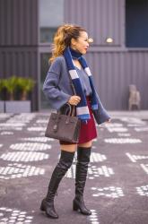 NEW HOLIDAY OUTFIT IDEA: GREY BLUE AND BURGUNDY