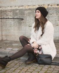 Outfit: fluffy coat, floral dress and Dr. Martens