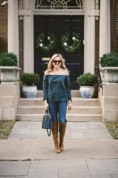 Off-the-Shoulder Plaid + OTK Boots