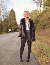 Christmas countdown:  Styling a mohair miniskirt with a plaid shirt and moto-style coat