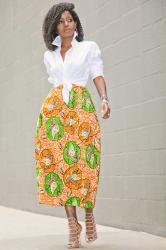 White Button Down Boyfriend Shirt + Ankara Print Midi Skirt