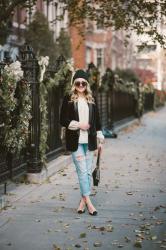 Velvet Blazer + Beanie + Boyfriend Jeans