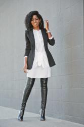 Tuxedo Blazer + Tie Front Shirtdress + OTK Boots