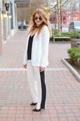 Power Suit Holiday: White Tuxedo Pants + Blazer.