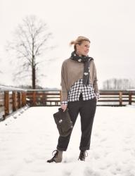 Holidaze:  styling a plaid shirt with a shrug, slouchy trousers, and wedge booties
