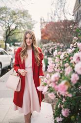 Blush Pink Dress & Red Coat