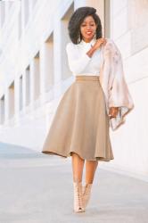 Faux Fur Jacket + Tie Front Sweater + Quilt Midi Skirt