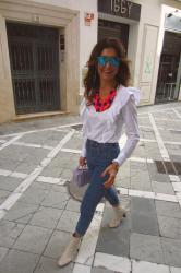 white blouse and denim