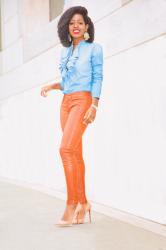 Ruffled Denim Shirt + Brown Leather Skinnies