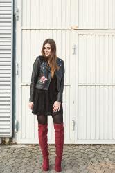 OUTFIT: Embroidered Leather Jacket and Red Overknees