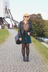 Outfit: Leopard Button Down, Green Corduroy Skirt, and Chelsea Boots