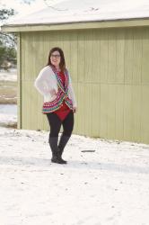 Red Top & Colorful Cardigan