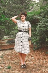 1940’s vintage hat, windowpane check vintage dress, and facing fears