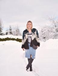 Inside job:  styling a distress denim jacket with a sequinned tee, faux-fur jacket, and knee boots