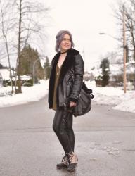 Express yourself:  styling a tunic sweater with faux-leather leggings, wedge booties and an aviator jacket