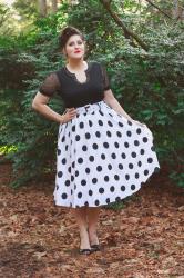 Polka dot skirt, beaded top, and floral heels