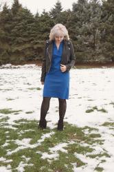 Outfit: Blue Vintage Dress, Patterned Tights, and a Leather Jacket