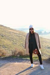 Look of the day: Black suit and brown coat.
