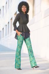 Peplum Blazer + Tunic + Printed Jacquard Pants