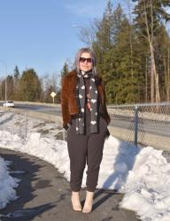 Understated:  styling a jumpsuit with a sheer floral top, teddybear bomber, and ivory booties