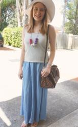 Summer Maxis, Sun Hat and Louis Vuitton Bags