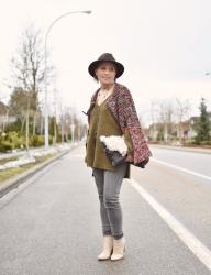 Shoe-in:  Styling a tunic sweater with a tweed cape, skinny jeans, ivory booties, and a fedora