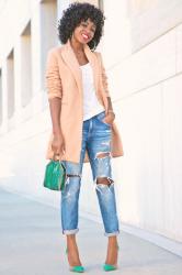 Cocoon Coat + Tee + Distressed Boyfriend Jeans