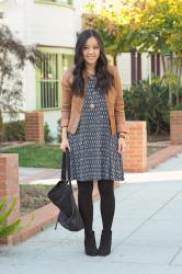 Printed Swing Dress + Tan Faux Leather Jacket