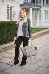 FLARED BLACK JEANS AND LEATHER JACKET 
