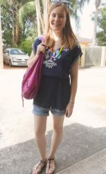 Navy Embroidered Tunic and Balenciaga Day Bags