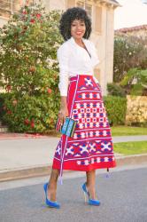 Ruffle Button Down Shirt + Mexico Embroidered Linen Skirt